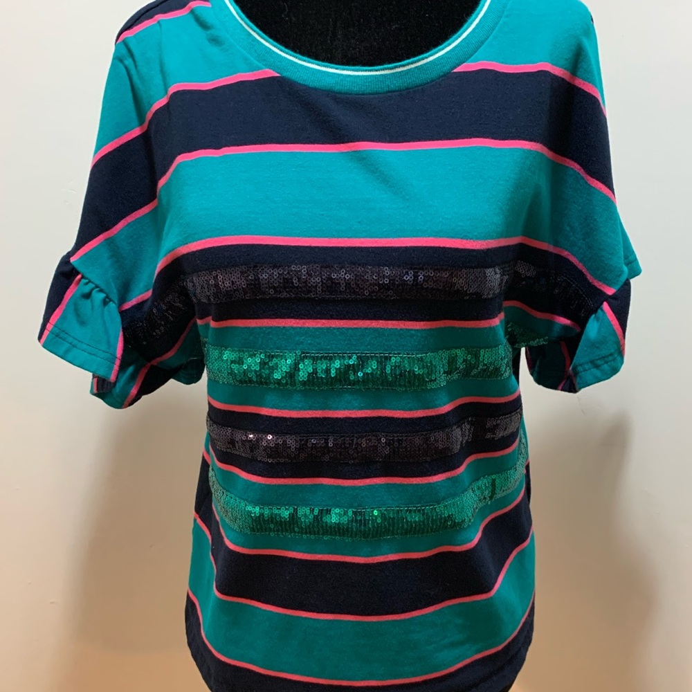 Teal and Navy Striped Short Sleeve Tee with ruffle sleeves